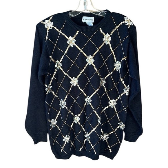 Vintage Alfred Dunner Black Sz M Beaded Sequin Argyle Sweater - Picture 1 of 8